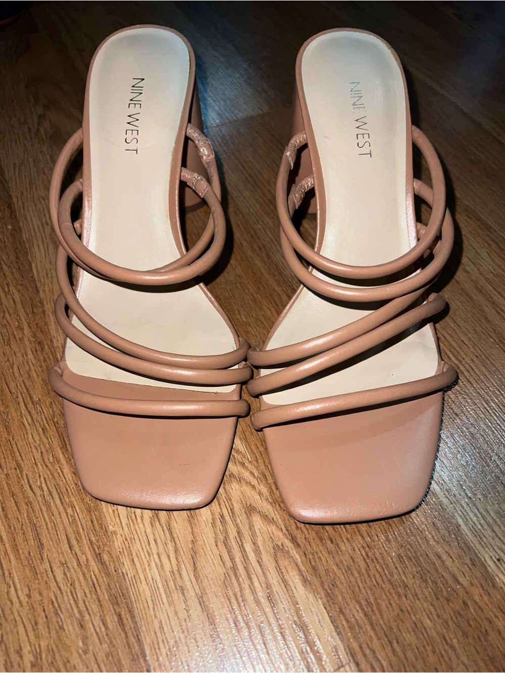 Nine West Nude-Tan Multi-Strap Square Toe Slide Sandals